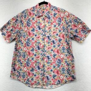 Basic Editions Woman Floral Short Sleeve Button Up Shirt‎ Top Size L